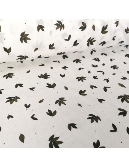 Cranberry, Popeline de coton biologique, Feuilles vertes, Fond blanc, Atelier Rubael