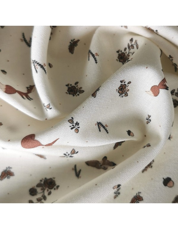 Cranberry, Tissu popeline de coton biologique, Roses d'Automne, Fond ecru, Atelier Rubael
