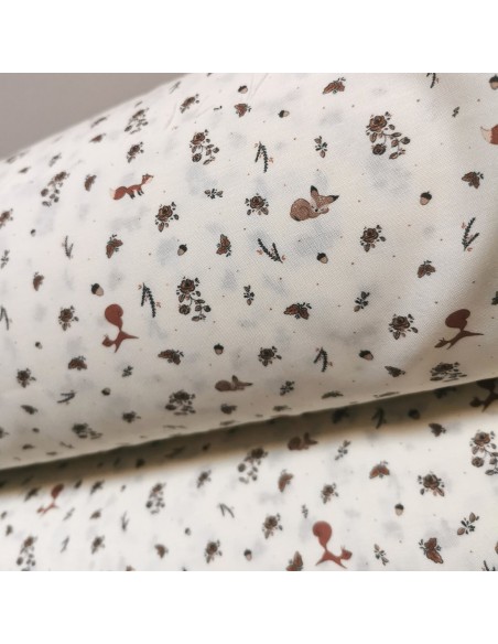 Cranberry, Tissu popeline de coton biologique, Roses d'Automne, Fond ecru, Atelier Rubael