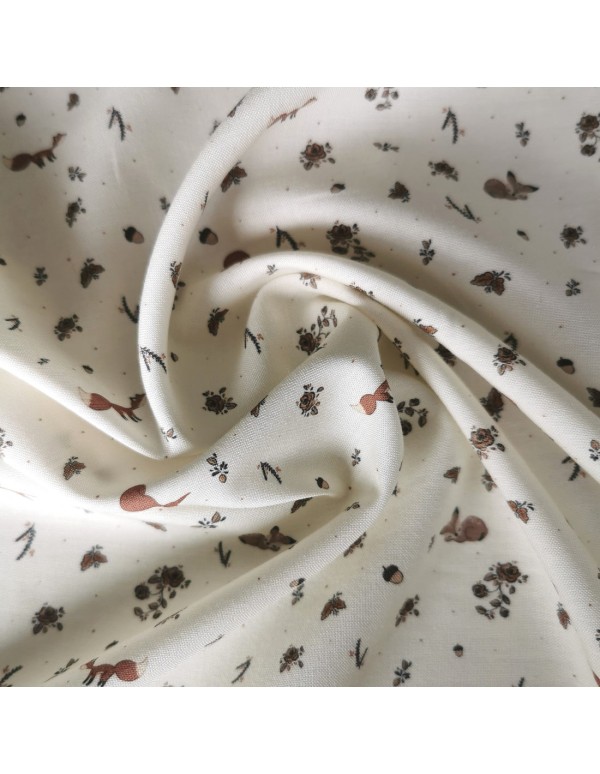 Cranberry, Tissu popeline de coton biologique, Roses d'Automne, Fond ecru, Atelier Rubael