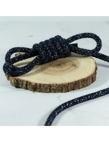 Cranberry, Cordon souple tresse aux fils argentes, bleu marine, 8mm