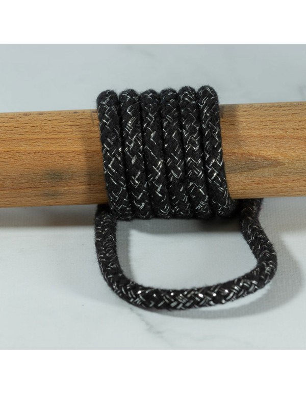 Cranberry, Cordon souple tresse aux fils argentes, noir, 8mm