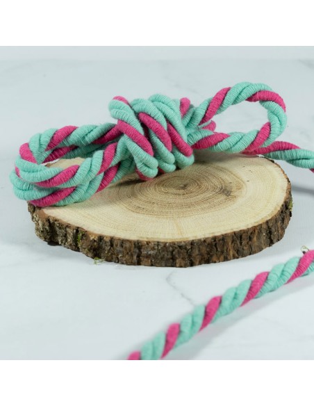 Cranberry, Cordon de coton torsade, souplesse medium, vert menthe et rose fonce, 10mm