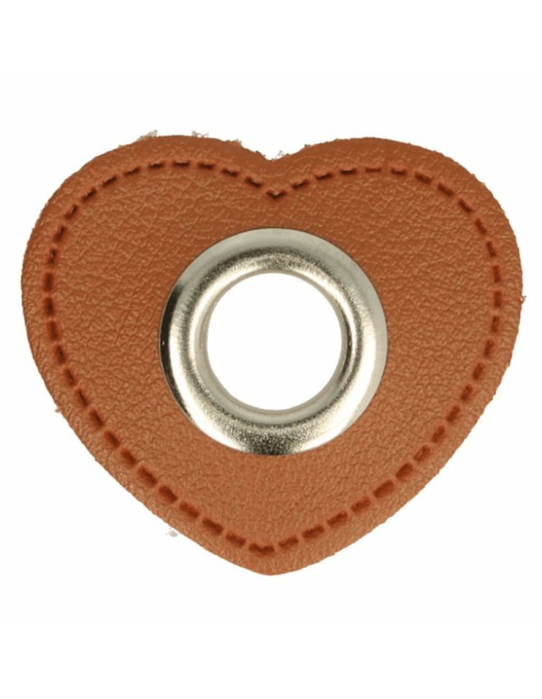 Cranberry, oeillet argente, patch coeur simili-cuir marron a coudre, 8mm