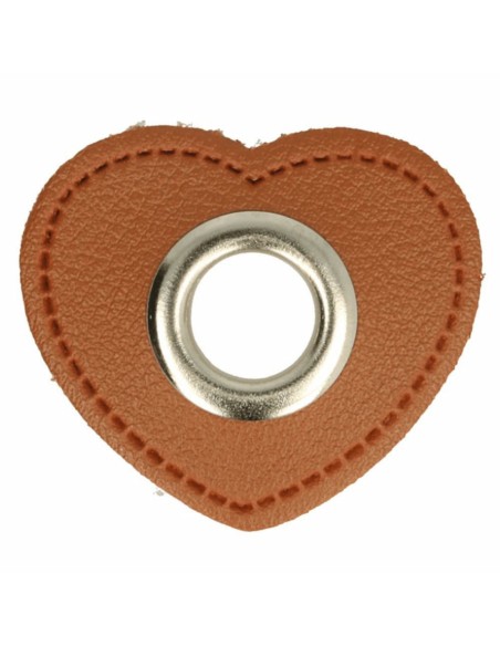 Cranberry, oeillet argente, patch coeur simili-cuir marron a coudre, 8mm