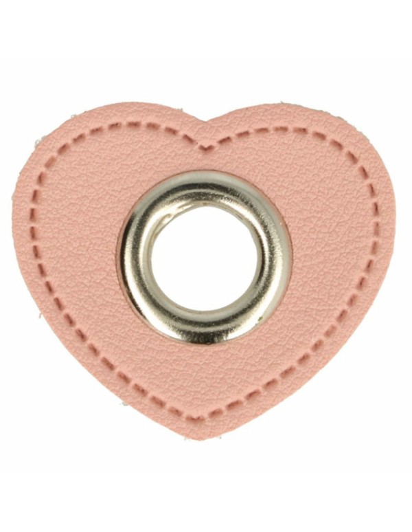 Cranberry, oeillet argente, patch coeur simili-cuir rose clair a coudre, 8mm