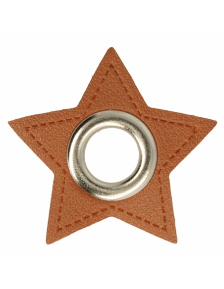Cranberry, oeillet argente, patch etoile simili-cuir marron a coudre, 8mm