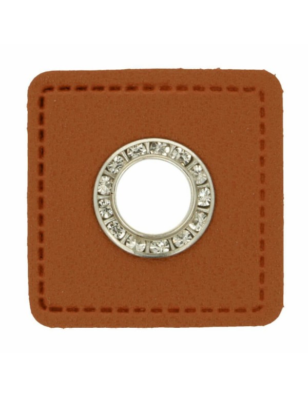Cranberry, oeillet argente a strass, patch simili-cuir marron a coudre, 9mm