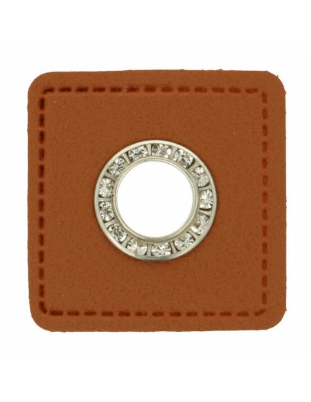 Cranberry, oeillet argente a strass, patch simili-cuir marron a coudre, 9mm