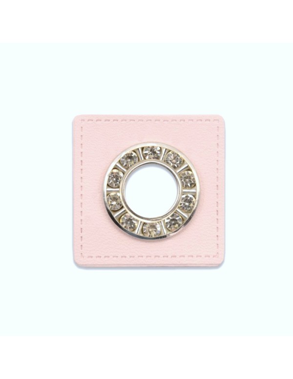Cranberry, oeillet argente a strass, patch simili-cuir rose clair a coudre, 9mm