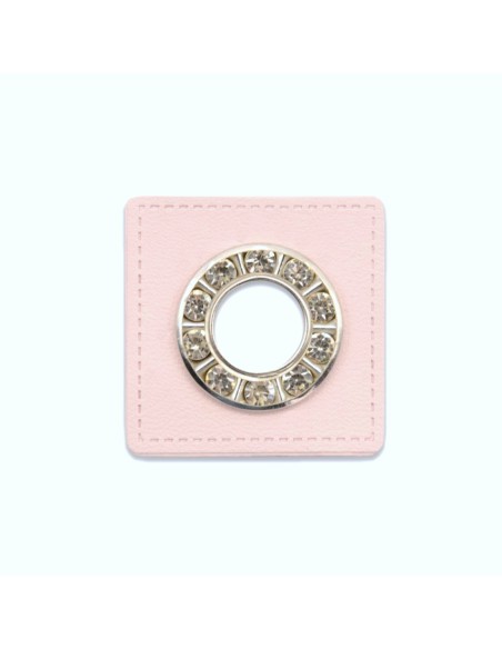 Cranberry, oeillet argente a strass, patch simili-cuir rose clair a coudre, 9mm