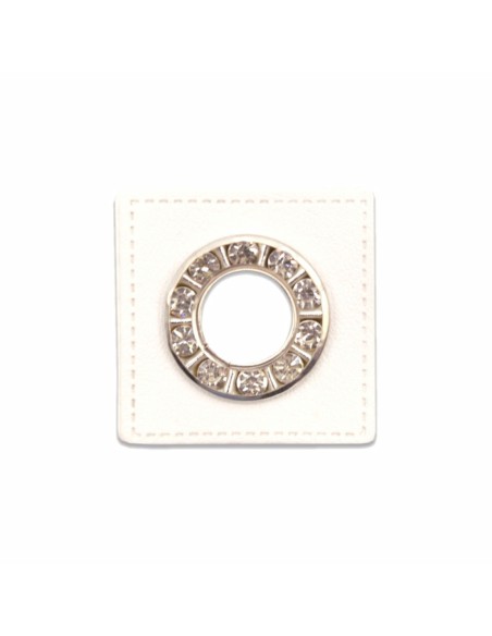 Cranberry, oeillet argente a strass, patch simili-cuir blanc a coudre, 9mm