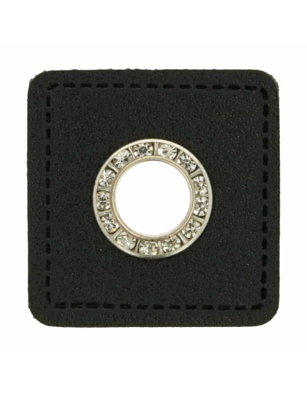 Cranberry, oeillet argente a strass, patch simili-cuir noir a coudre, 9mm