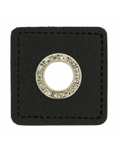 Cranberry, oeillet argente a strass, patch simili-cuir noir a coudre, 9mm