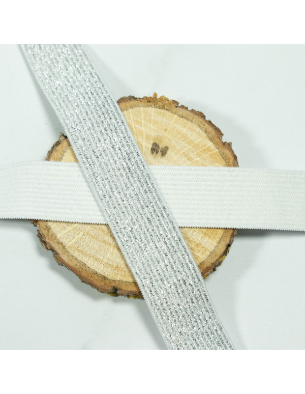 Cranberry Elastique fantaisie lurex argente sur fond blanc 2cm