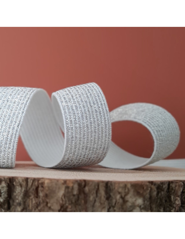 Cranberry Elastique fantaisie lurex argente sur fond blanc 2cm