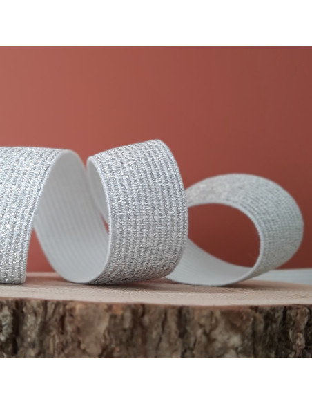 Cranberry Elastique fantaisie lurex argente sur fond blanc 2cm