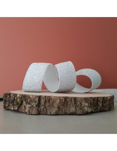 Cranberry Elastique fantaisie lurex argente sur fond blanc 2cm