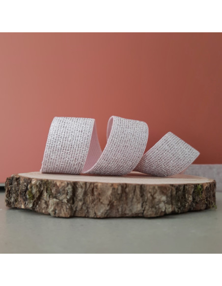 Cranberry Elastique fantaisie lurex argente sur fond rose clair 2.5 cm