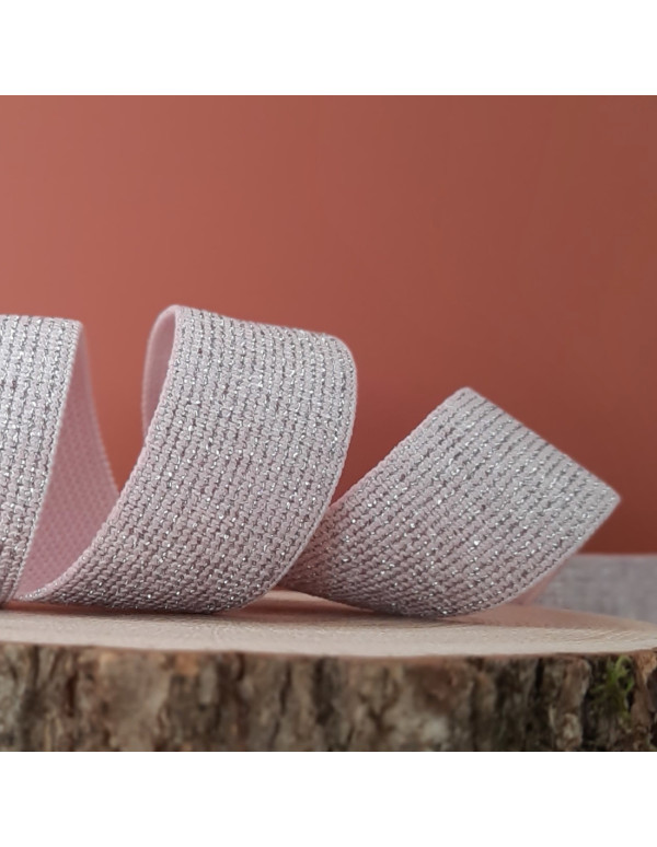 Cranberry Elastique fantaisie lurex argente sur fond rose clair 2.5 cm