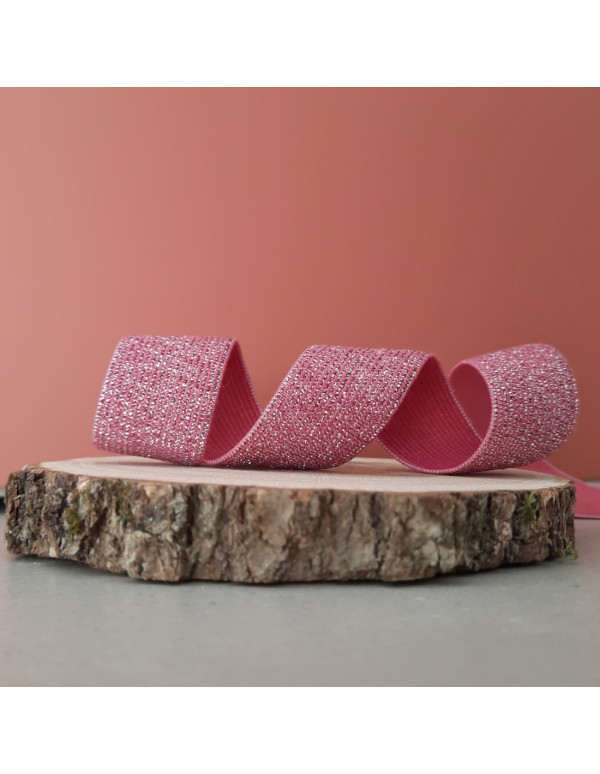 Cranberry Elastique fantaisie lurex argente sur fond rose fuchsia 2.5 cm