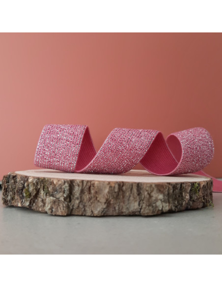 Cranberry Elastique fantaisie lurex argente sur fond rose fuchsia 2.5 cm
