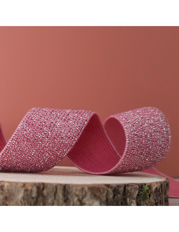 Cranberry Elastique fantaisie lurex argente sur fond rose fuchsia 2.5 cm