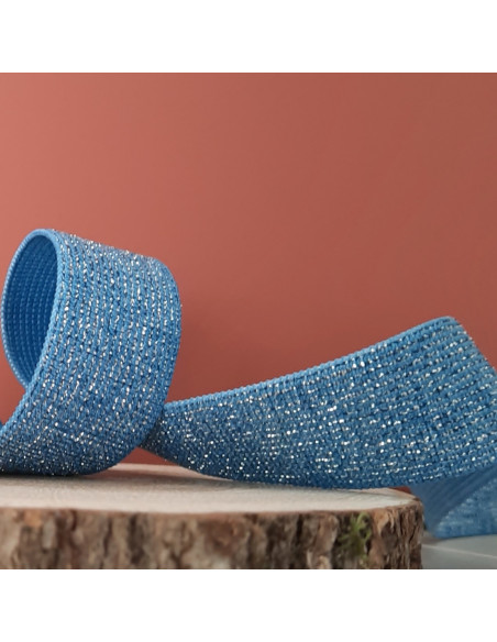 Cranberry Elastique fantaisie lurex argente sur fond bleu 2.5 cm