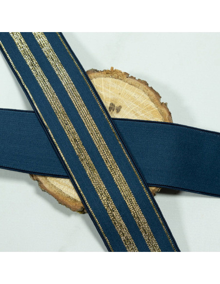 Cranberry Elastique fantaisie lurex dore sur fond bleu marine 3 cm