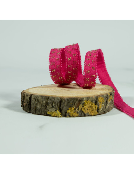 Cranberry Elastique a picots étoiles lurex or sur fond rose fuchsia 1 cm