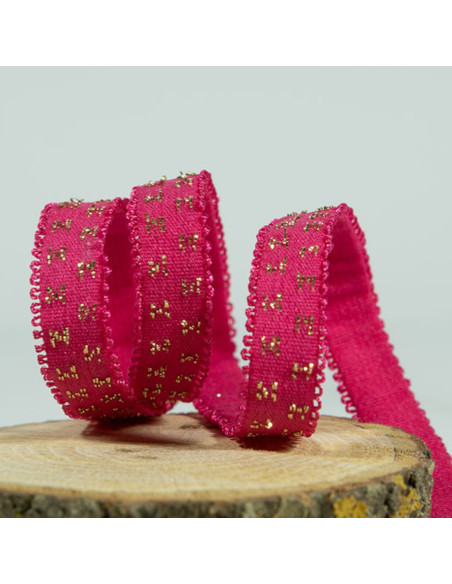 Cranberry Elastique a picots étoiles lurex or sur fond rose fuchsia 1 cm