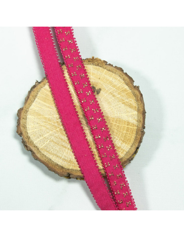 Cranberry Elastique a picots étoiles lurex or sur fond rose fuchsia 1 cm