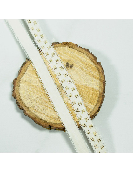 Cranberry Elastique a picots étoiles lurex or sur fond blanc cassé 1 cm