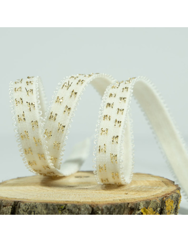 Cranberry Elastique a picots étoiles lurex or sur fond blanc cassé 1 cm